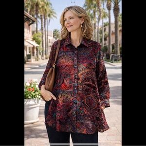 Adore Velvet Burnout Blouse L Jewel Tone Sheer Boho Holiday Top